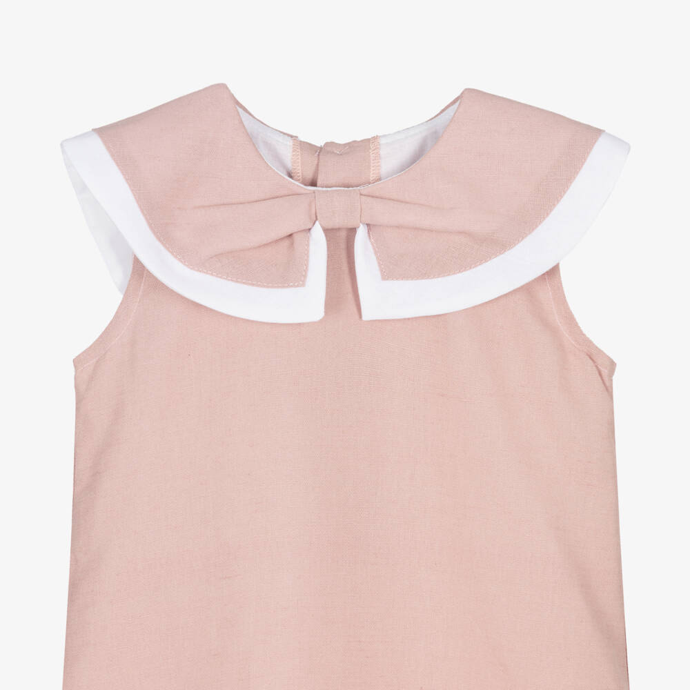 Ancar-Girls Pink Linen & Cotton Collared Dress | Childrensalon