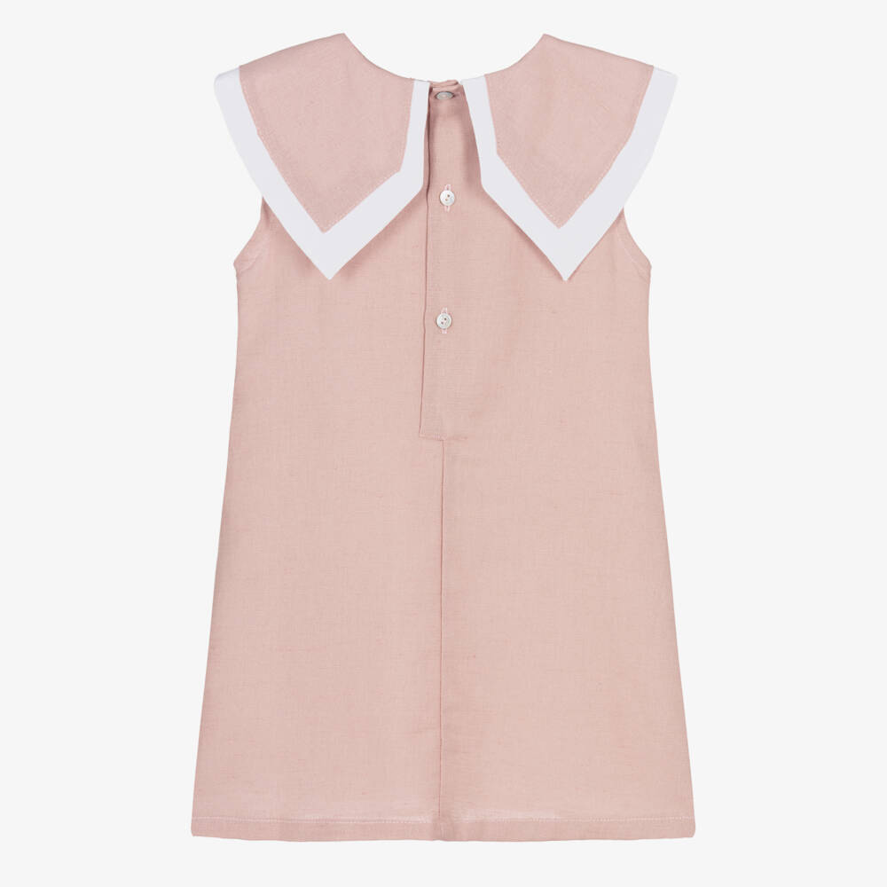Ancar-Girls Pink Linen & Cotton Collared Dress | Childrensalon