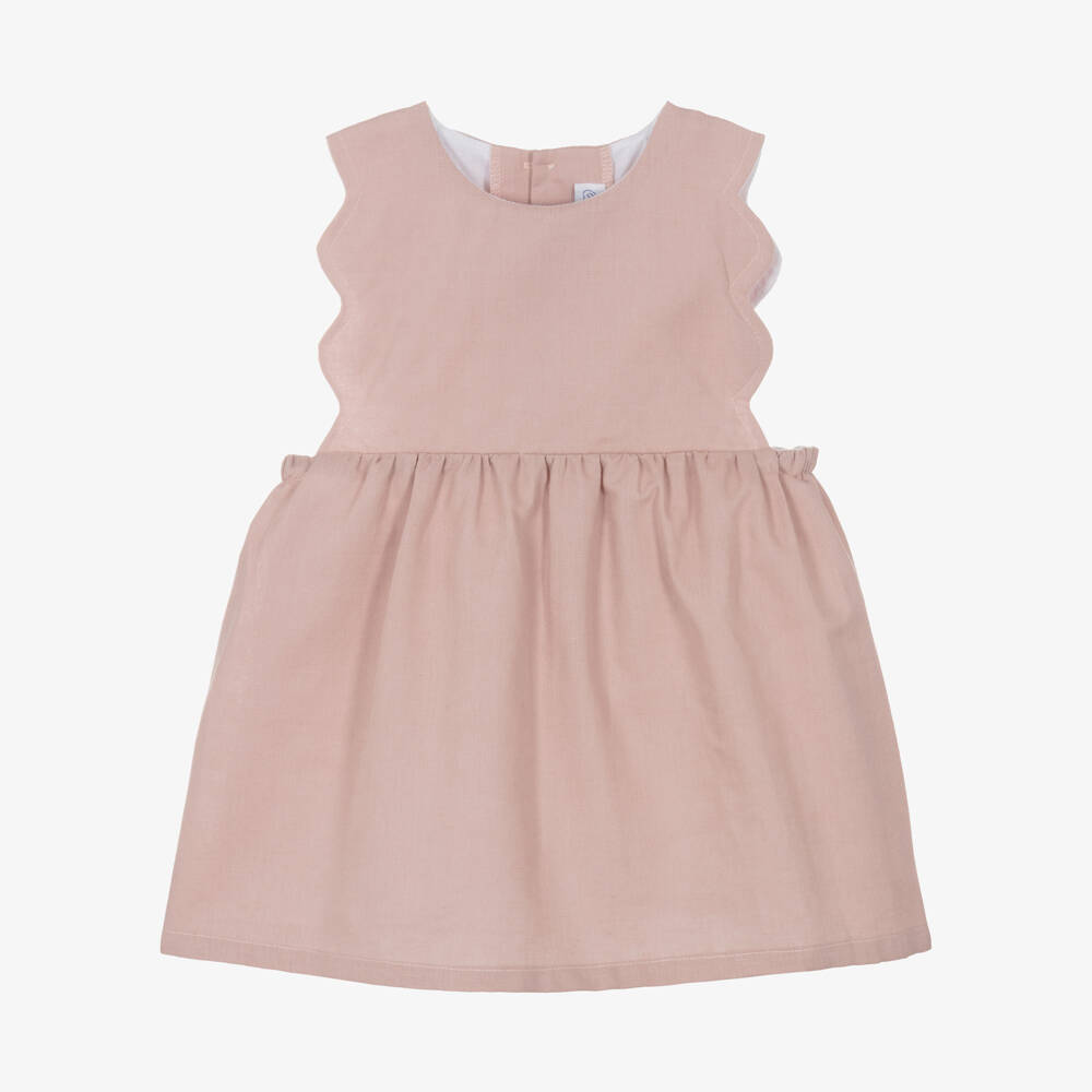 Ancar-Girls Pink Linen & Cotton Scalloped Dress | Childrensalon