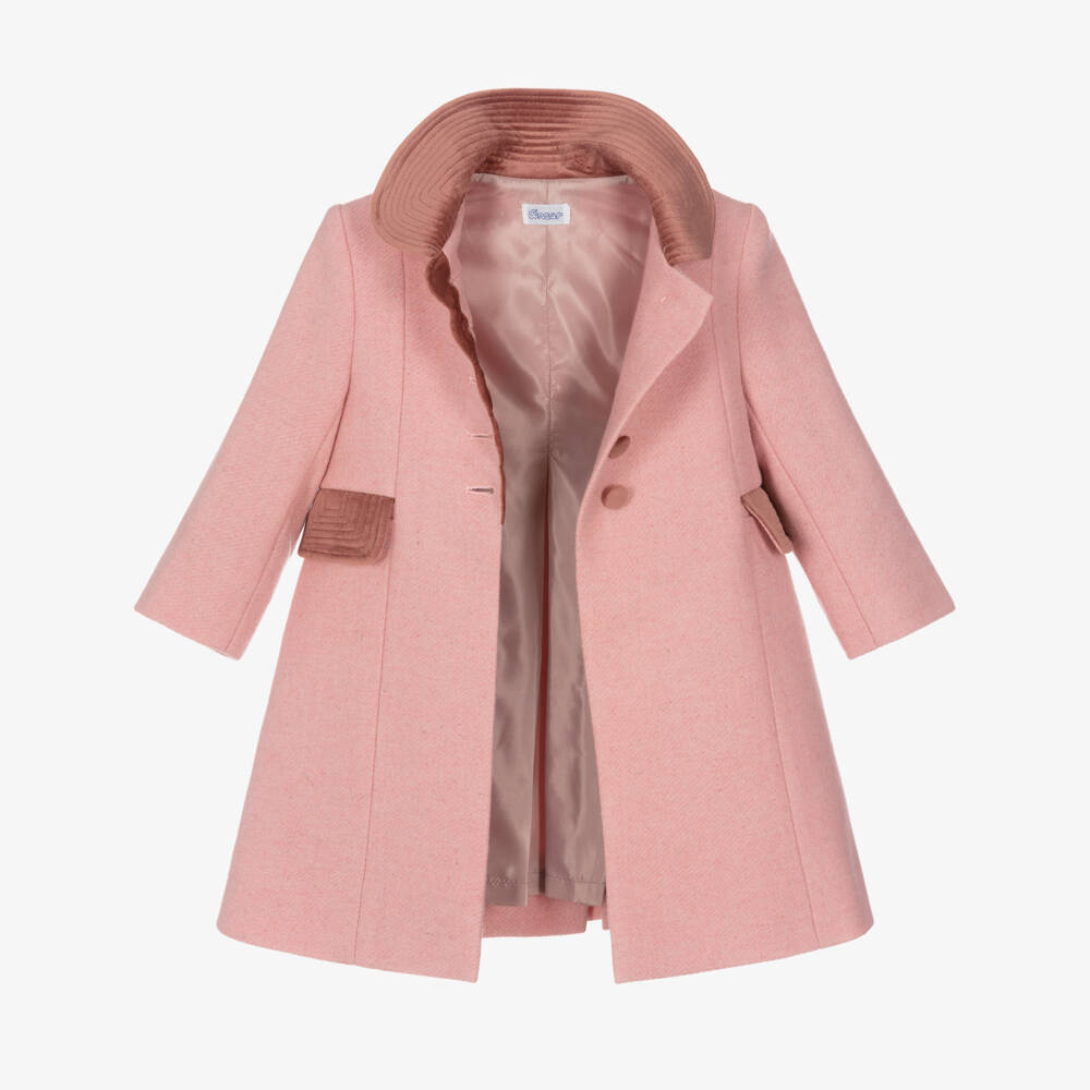 Ancar-Girls Pink Wool & Velvet Coat | Childrensalon