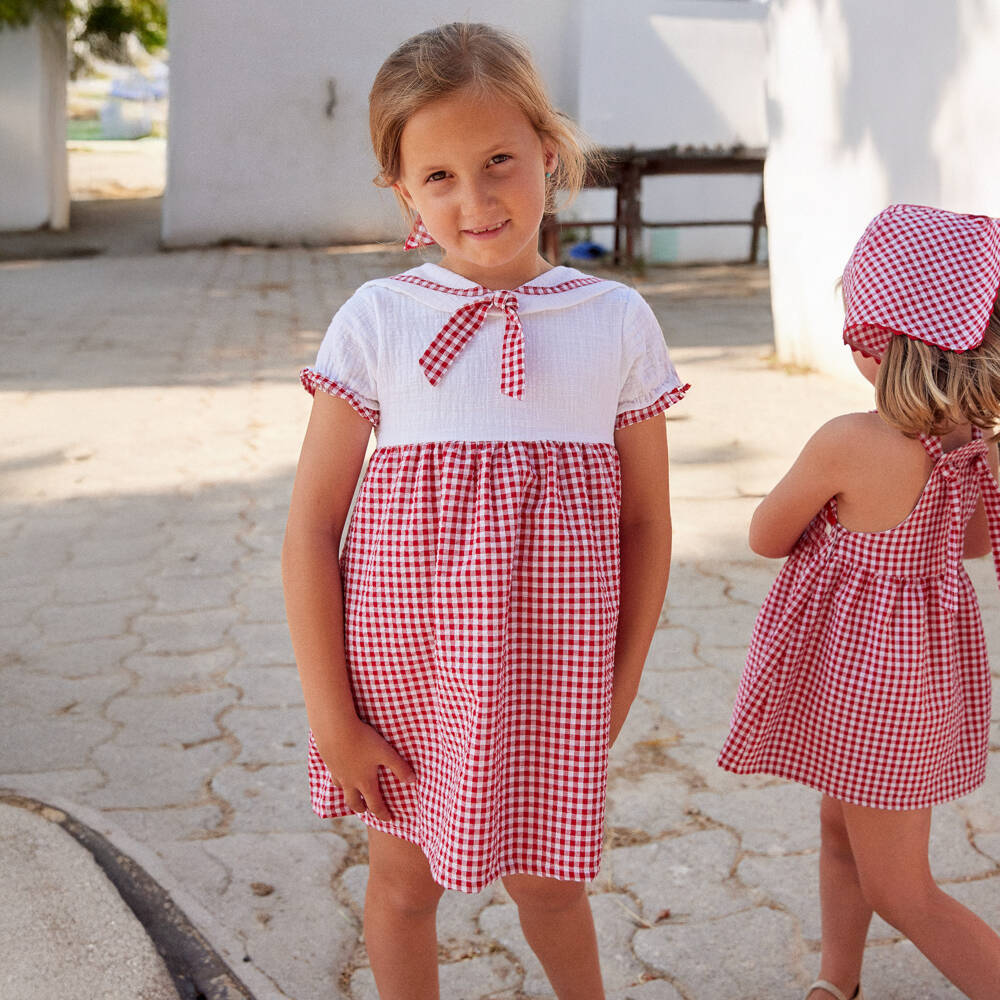 Ancar-Girls Red & White Cotton Gingham Dress | Childrensalon