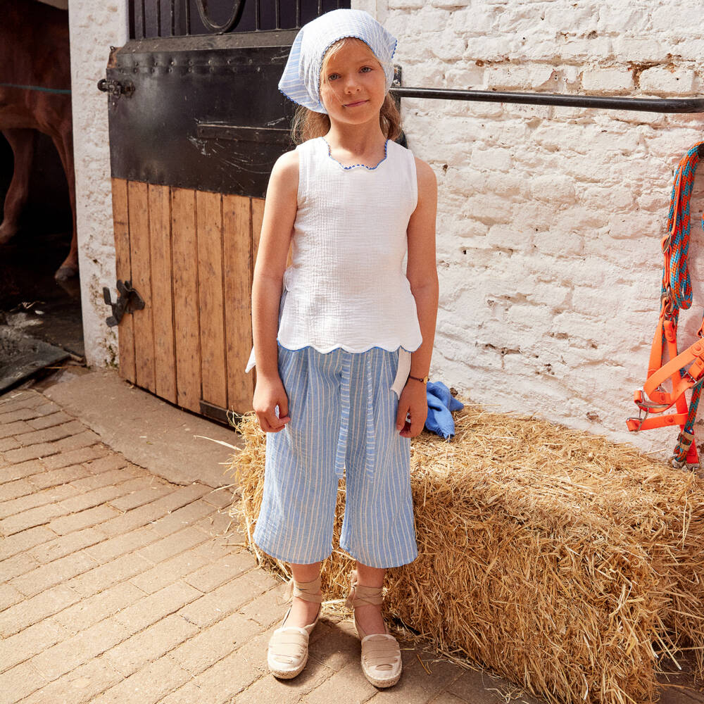 Ancar-Girls White & Blue Cotton Trouser Set with Scalloped Trim | Childrensalon
