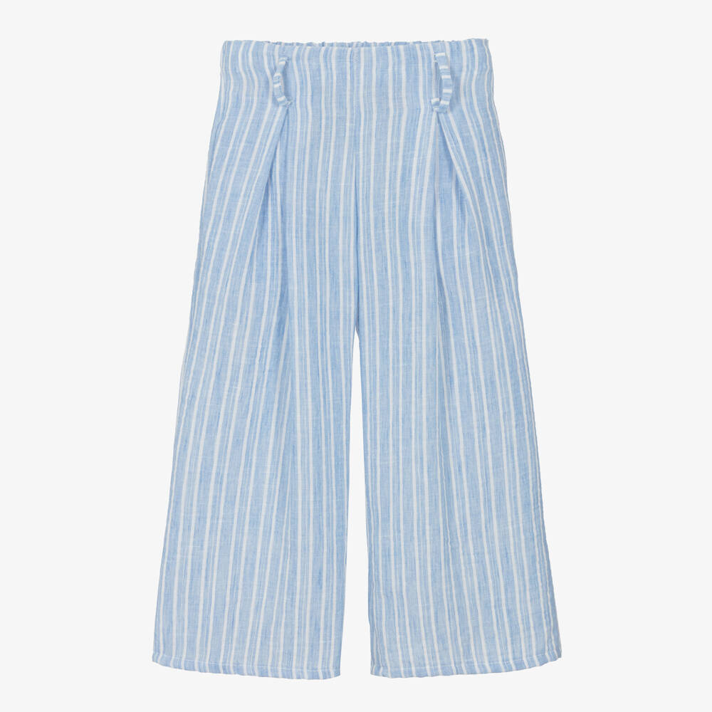 Ancar-Girls White & Blue Cotton Trouser Set with Scalloped Trim | Childrensalon