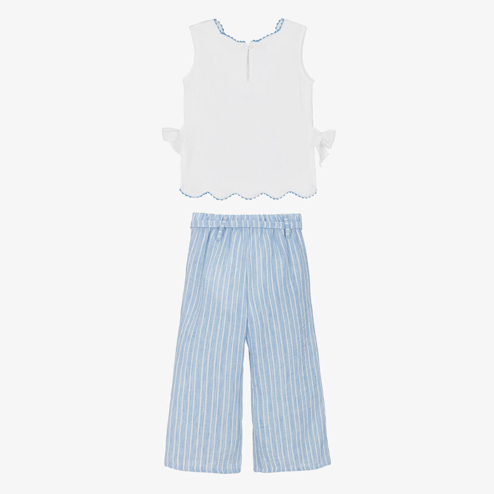 Ancar-Girls White & Blue Cotton Trouser Set with Scalloped Trim | Childrensalon