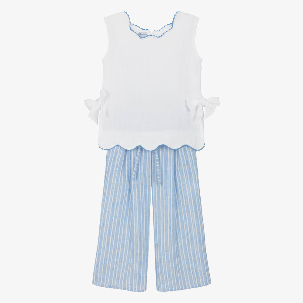 Ancar-Girls White & Blue Cotton Trouser Set with Scalloped Trim | Childrensalon
