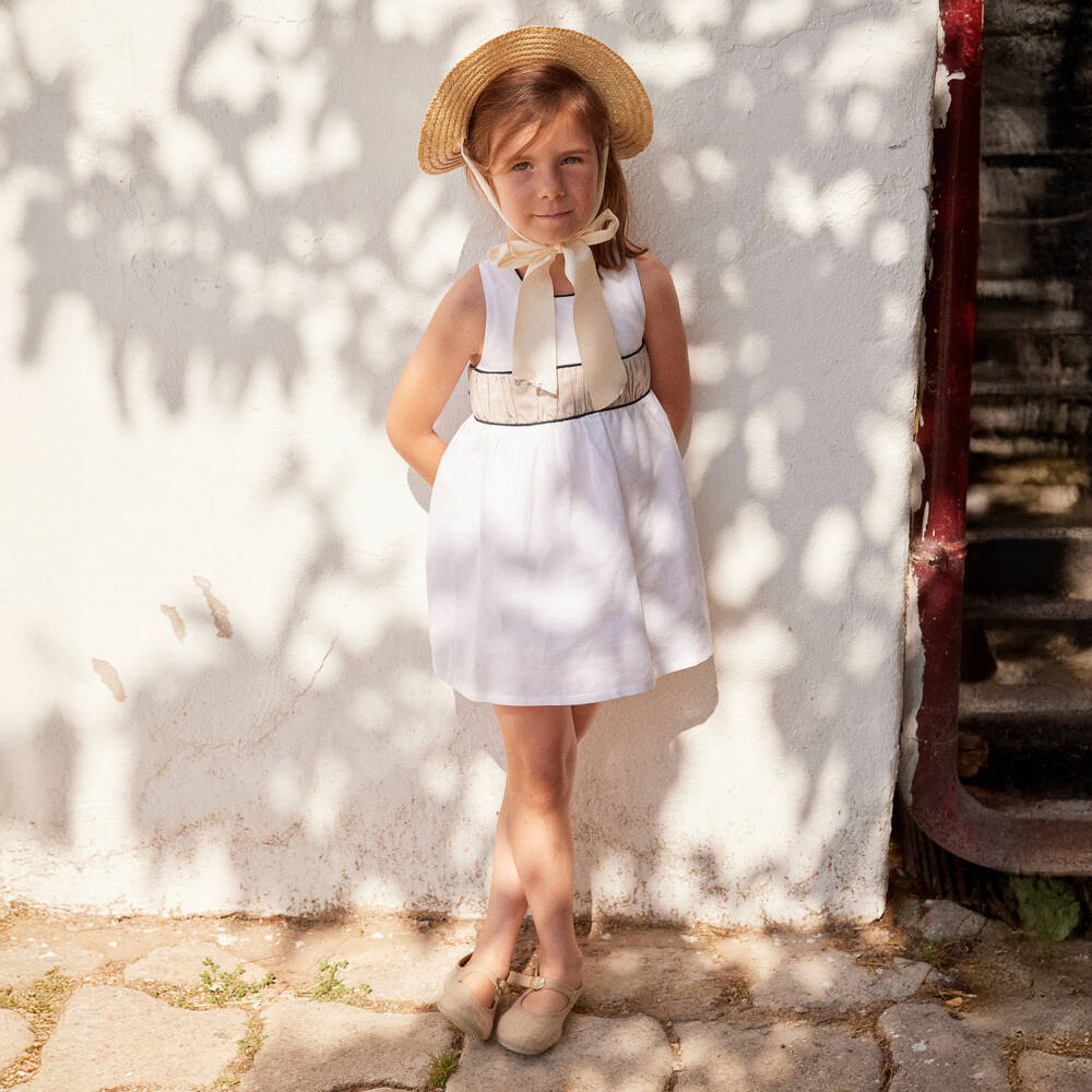 Ancar-Girls White Linen & Cotton Dress with Ruched Waist | Childrensalon