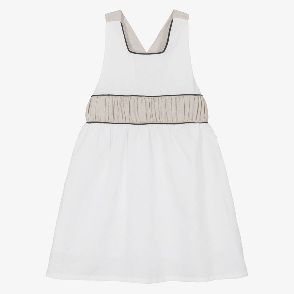 Ancar-Girls White Linen & Cotton Dress with Ruched Waist | Childrensalon
