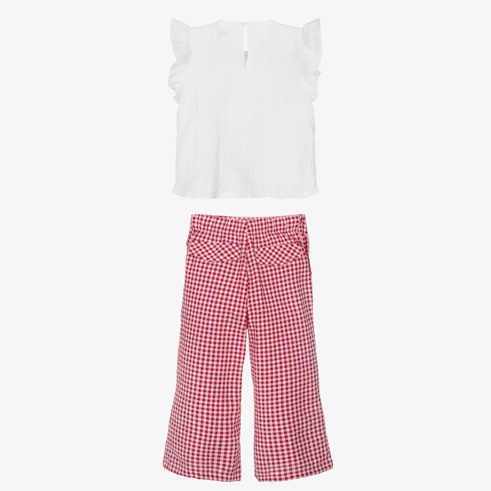 Ancar-Girls White & Red Gingham Check Trouser Set | Childrensalon