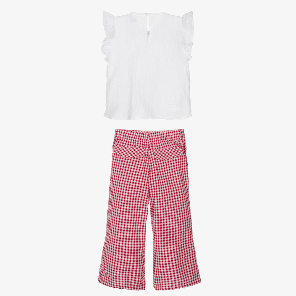 Ancar-Girls White & Red Gingham Check Trouser Set | Childrensalon