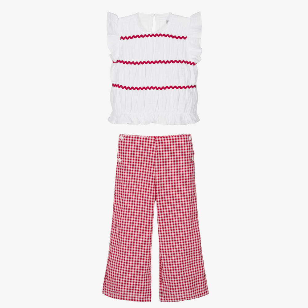 Ancar-Girls White & Red Gingham Check Trouser Set | Childrensalon
