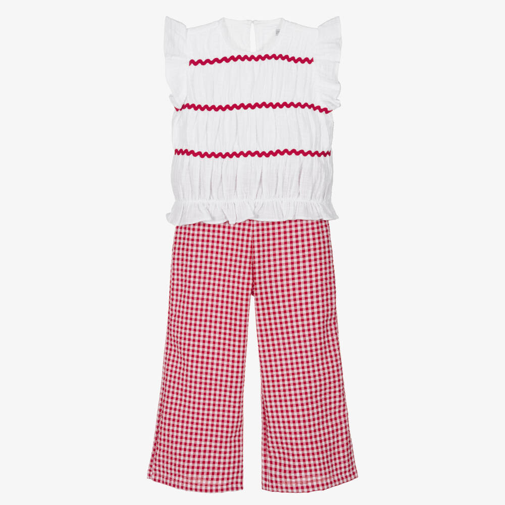 Ancar-Girls White & Red Gingham Check Trouser Set | Childrensalon
