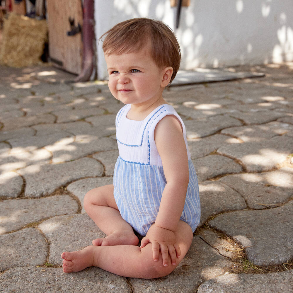 Ancar-White & Blue Striped Cotton Baby Shortie | Childrensalon