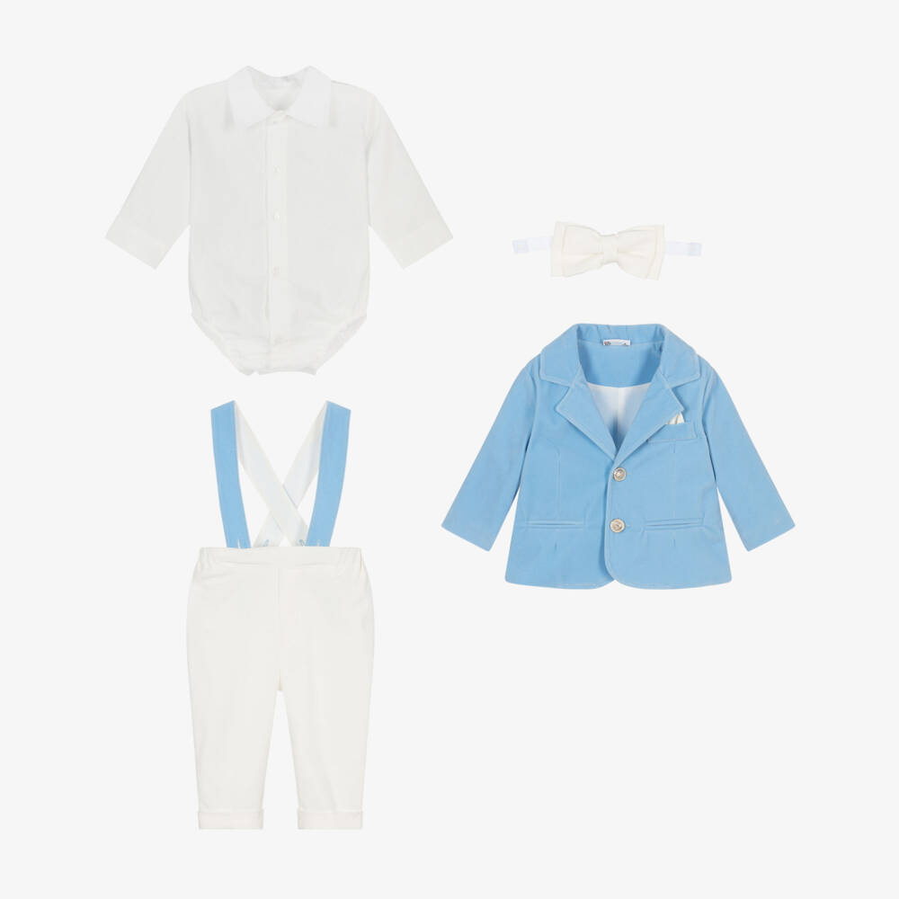 Andreeatex-Baby Boys Pale Blue Velvet & Ivory 5 Piece Suit | Childrensalon
