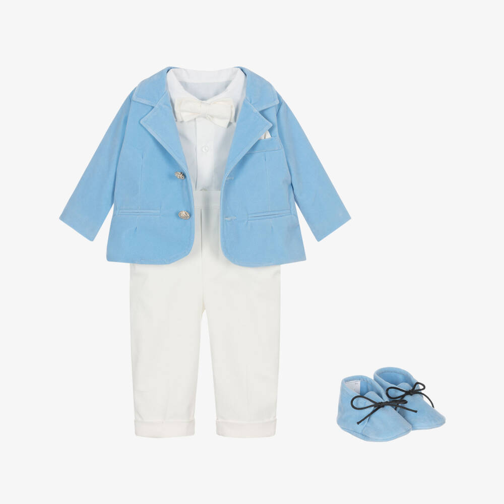 Andreeatex-Baby Boys Pale Blue Velvet & White 5 Piece Suit | Childrensalon