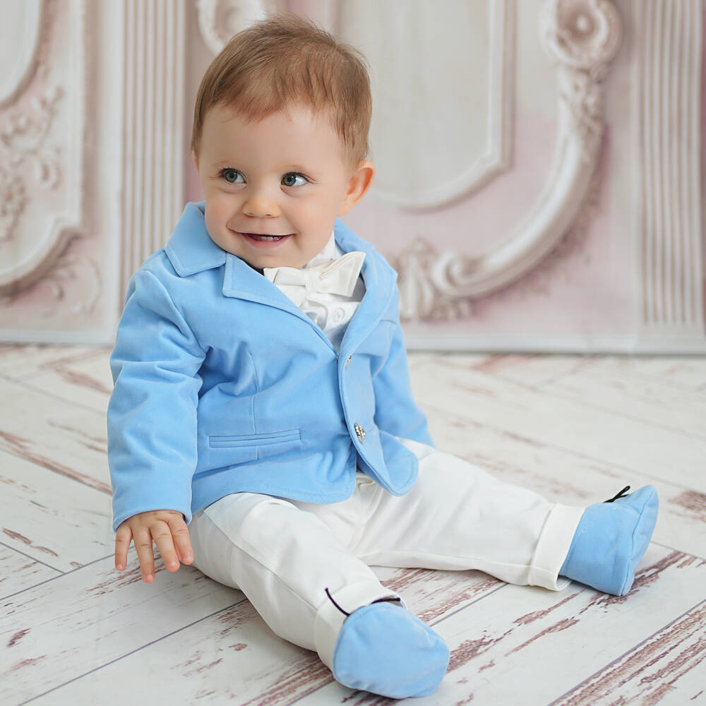 Andreeatex-Костюм из пяти предметов кремовый и голубой бархат для малышей | Childrensalon