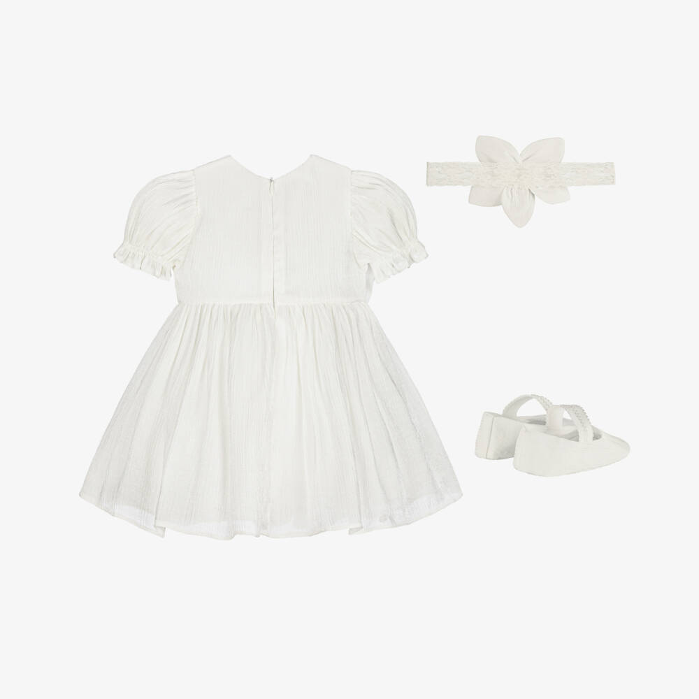 Andreeatex-Baby Girls Glistening White Dress Set with Appliqué Flowers | Childrensalon
