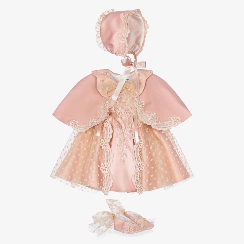 Andreeatex-Baby Girls Pink Dress Set with Bonnet & Pumps | Childrensalon
