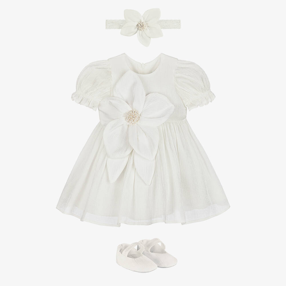 Andreeatex-Baby Girls Shimmery White Dress Set with Appliqué Flowers | Childrensalon