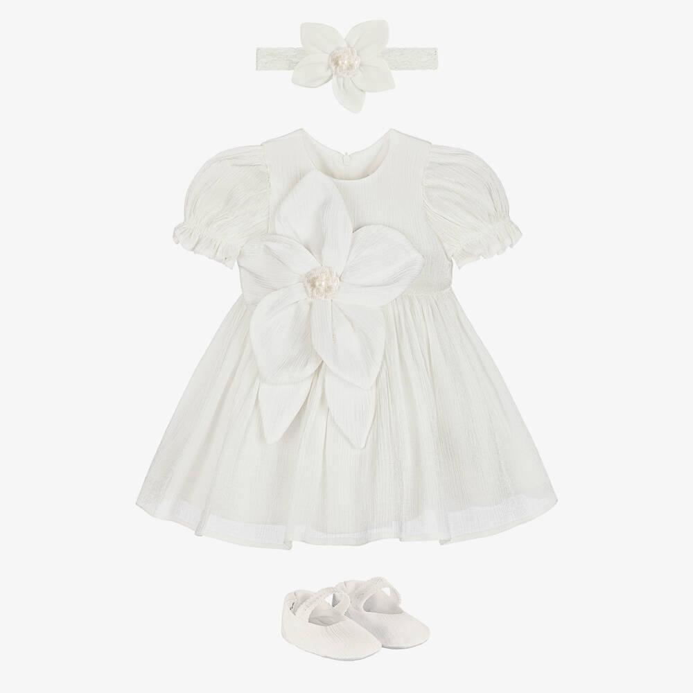 Andreeatex-Baby Girls Shimmery White Dress Set with Appliqué Flowers | Childrensalon