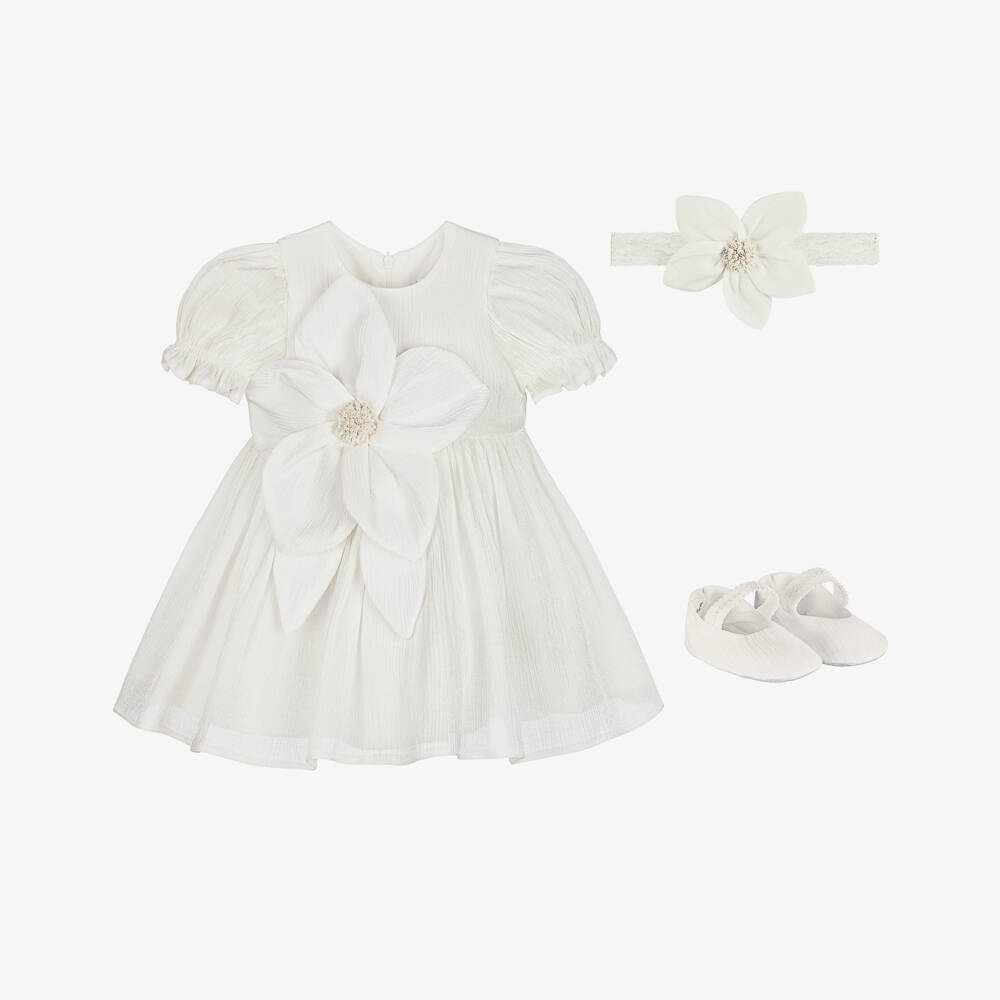 Andreeatex-Baby Girls Shimmery White Dress Set with Appliqué Flowers | Childrensalon