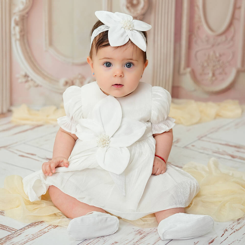 Andreeatex-Baby Girls Shimmery White Dress Set with Appliqué Flowers | Childrensalon