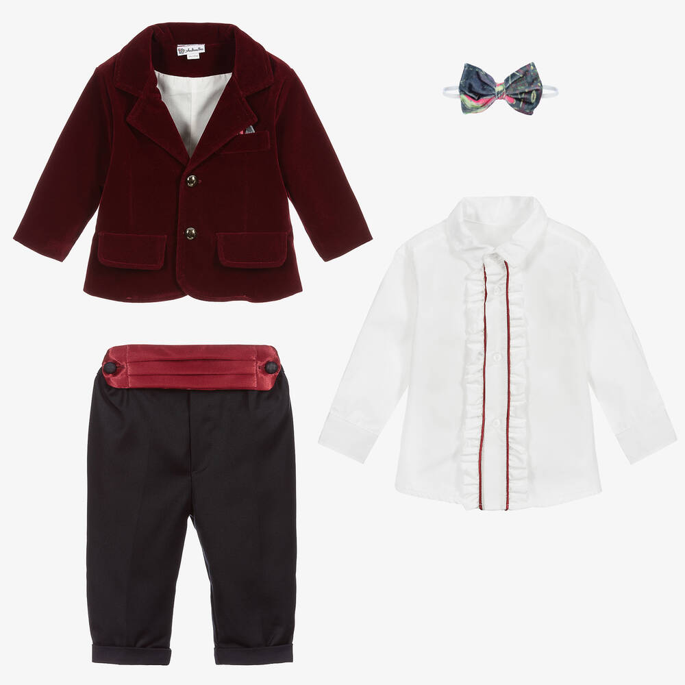 Andreeatex-Boys Navy Blue & Red Velvet Suit | Childrensalon