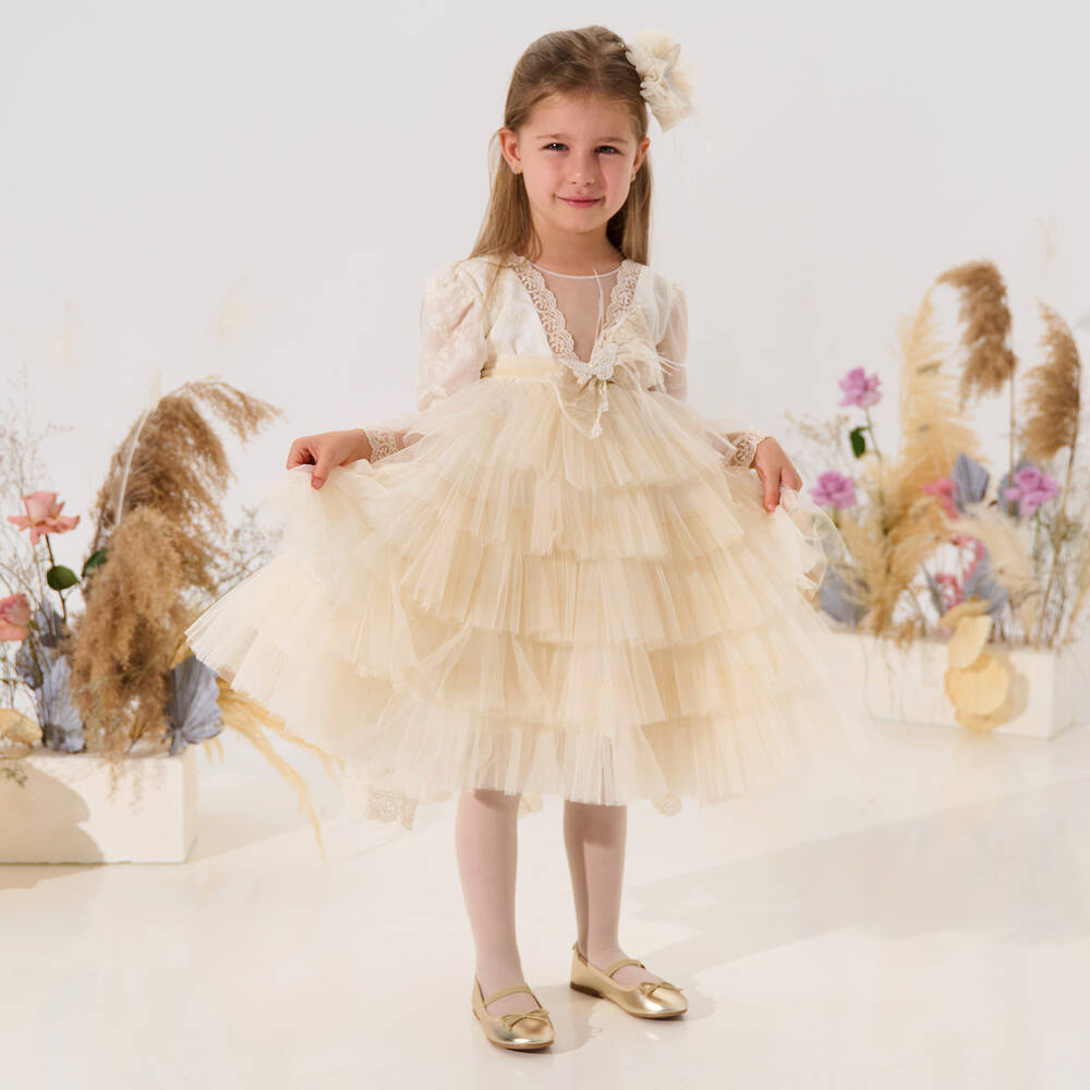 Andreeatex-Girls Ivory Embroidered Satin & Tulle Dress Set | Childrensalon