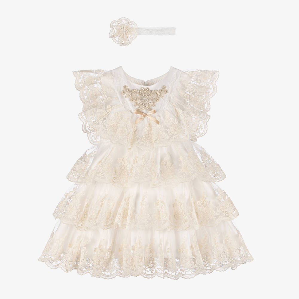Andreeatex-Girls Tiered Ivory Lace Dress Set | Childrensalon