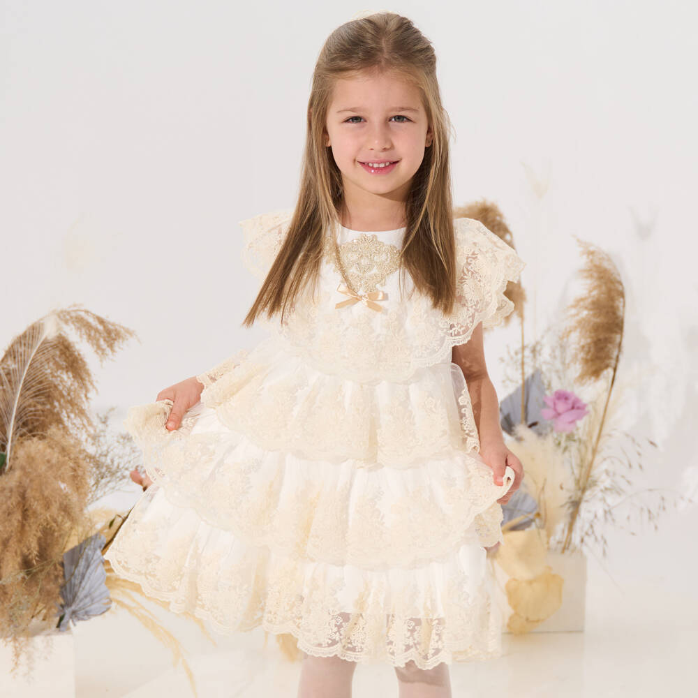 Andreeatex-طقم فستان دانتيل لون عاجي للمولودات | Childrensalon