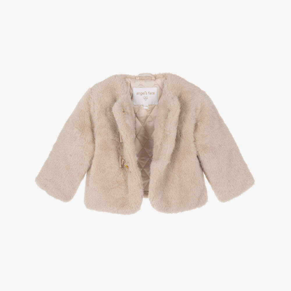 Angel's Face-Baby Girls Beige Faux Fur Neve Jacket with Grosgrain Bows | Childrensalon