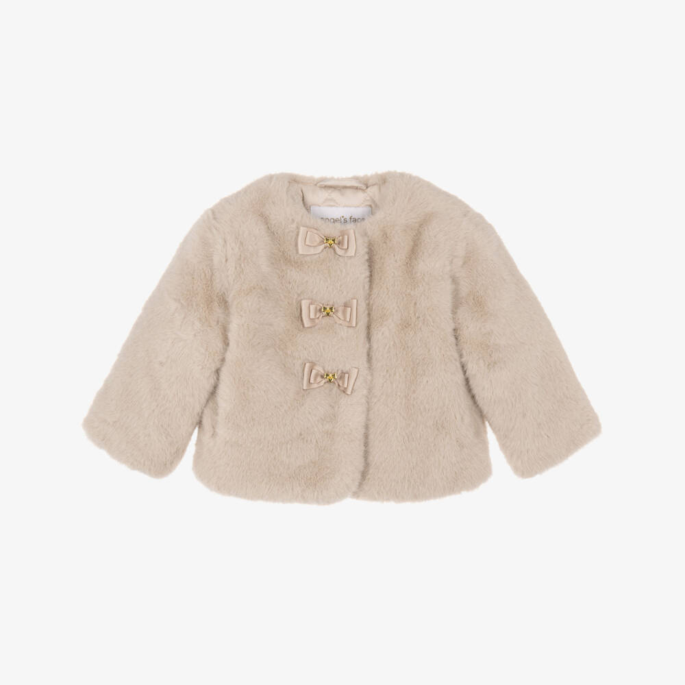 Angel's Face-Baby Girls Beige Faux Fur Neve Jacket with Grosgrain Bows | Childrensalon