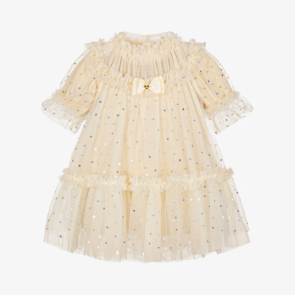 Angel's Face-Baby Girls Beige Myrtisa Tulle Dress with Iridescent Hearts | Childrensalon