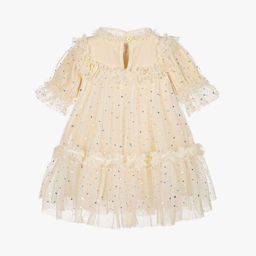 Angel's Face-Baby Girls Beige Myrtisa Tulle Dress with Iridescent Hearts | Childrensalon