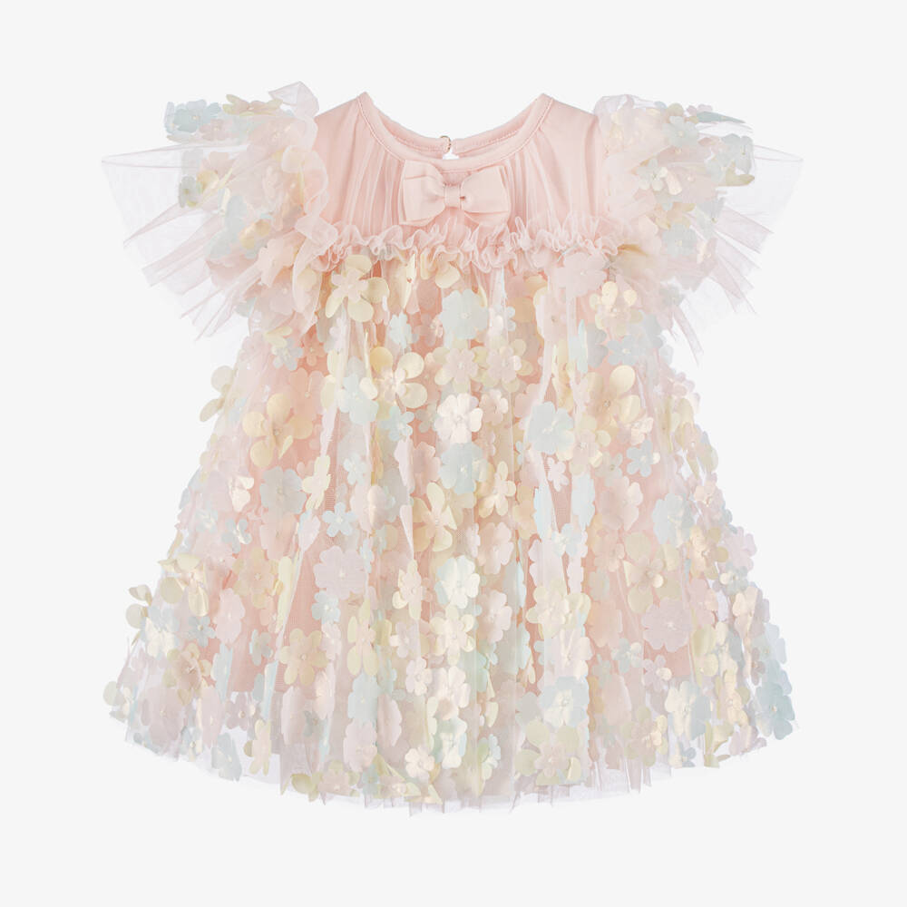 Angel's Face-Baby Girls Blush Pink Tulle Dress with 3D Flowers | Childrensalon