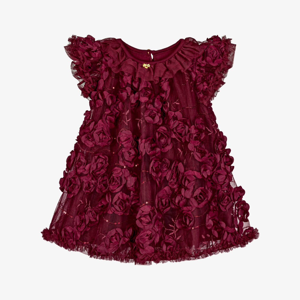 Angel's Face-Baby Girls Burgundy Tulle Ivy Dress with 3D Roses | Childrensalon