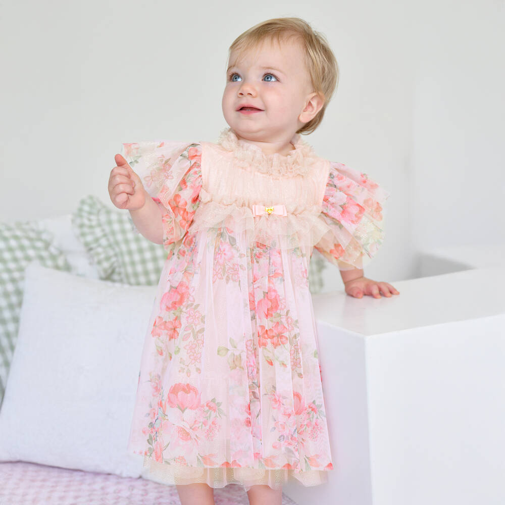 Angel's Face-Baby Girls Glittery Pink Floral Tulle Dress | Childrensalon