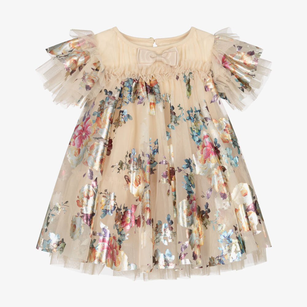 Angel's Face-Baby Girls Golden Tulle Dress with Foil Flowers | Childrensalon