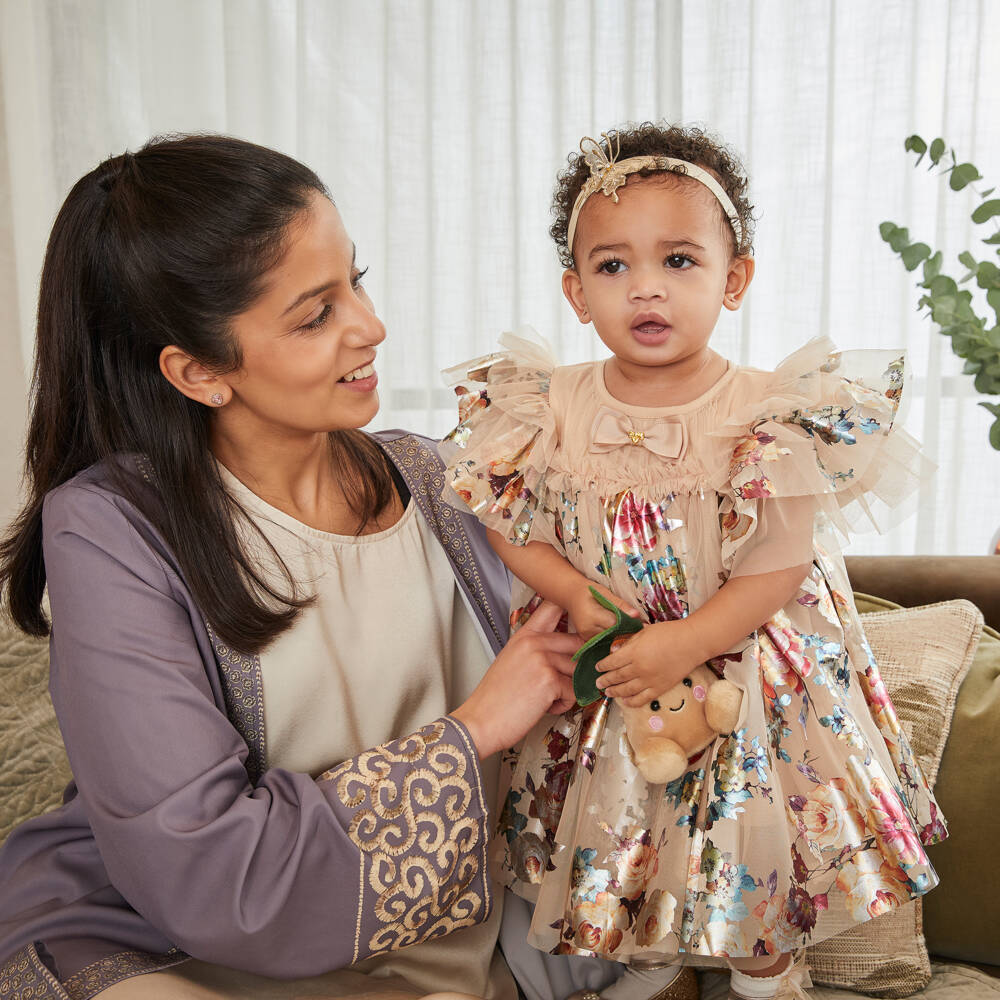 Angel's Face-Платье золотистое из тюли с фольгированными цветами для малышек | Childrensalon