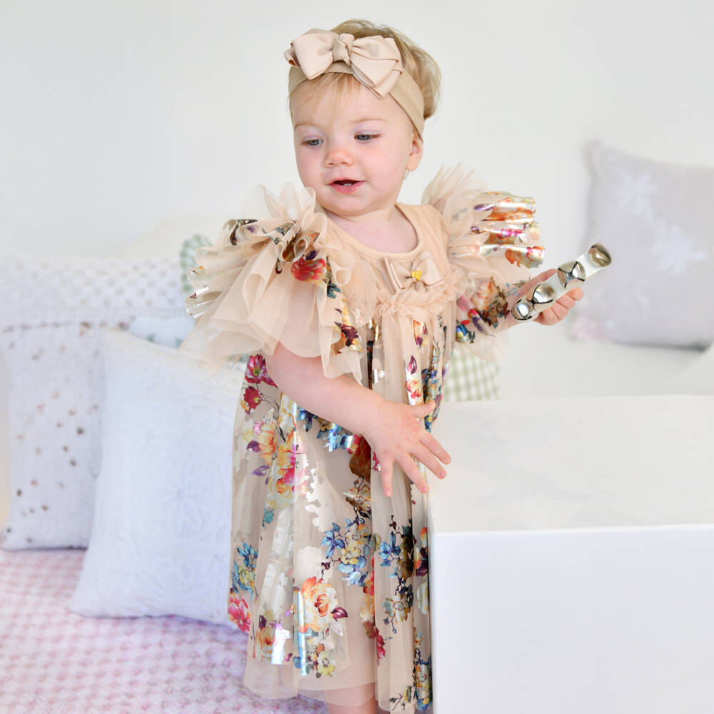 Angel's Face-Baby Girls Golden Tulle Dress with Foil Flowers | Childrensalon