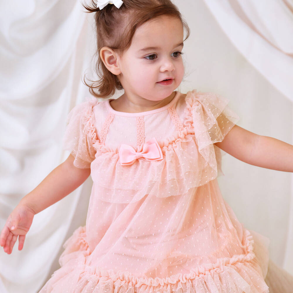 Angel's Face-فستان تول وكشكش لون زهري فاح للمولودات | Childrensalon