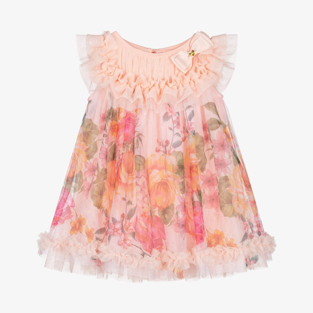 Angel's Face-Baby Girls Peach Pink Floral Print Tulle Dress | Childrensalon