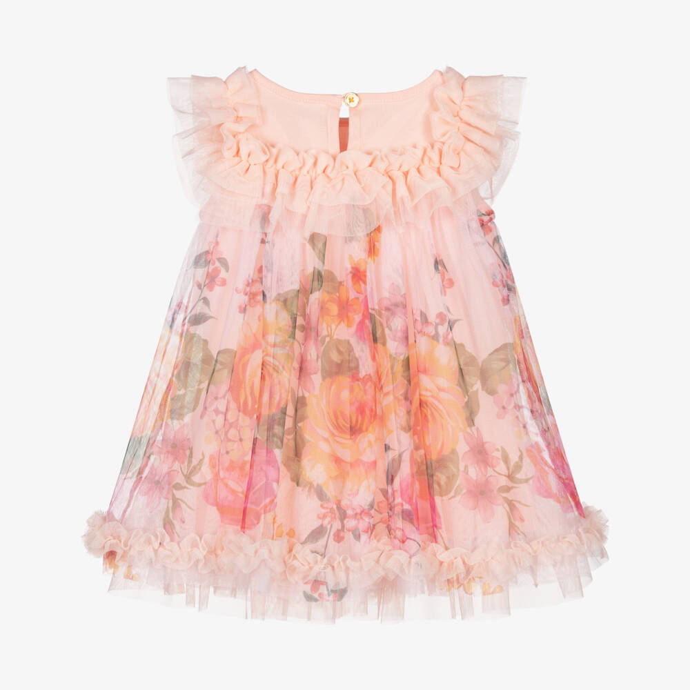Angel's Face-Baby Girls Peach Pink Floral Print Tulle Dress | Childrensalon