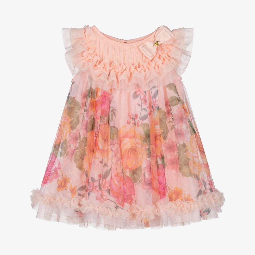 Angel's Face-Baby Girls Peach Pink Floral Print Tulle Dress | Childrensalon