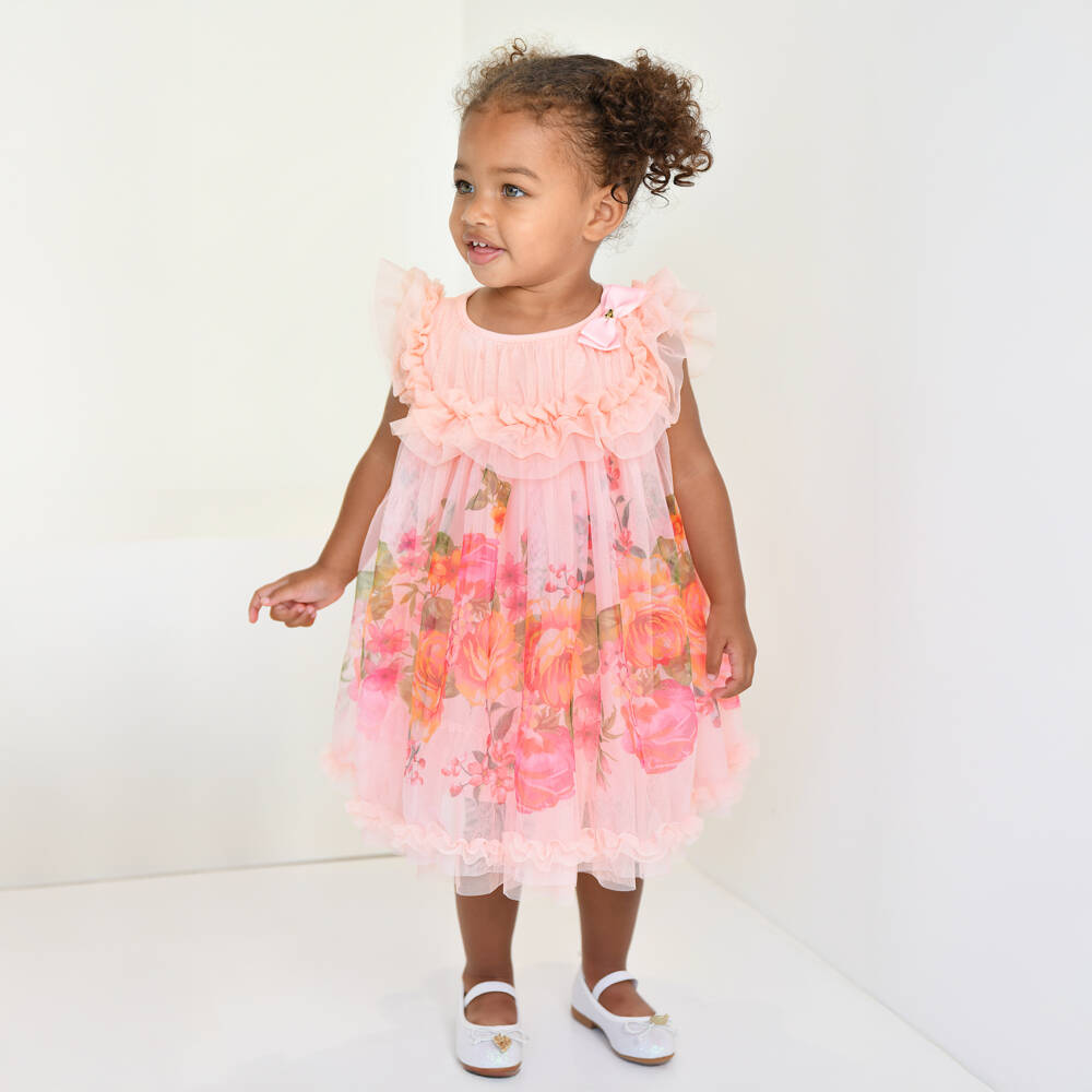 Angel's Face-Baby Girls Peach Pink Floral Print Tulle Dress | Childrensalon