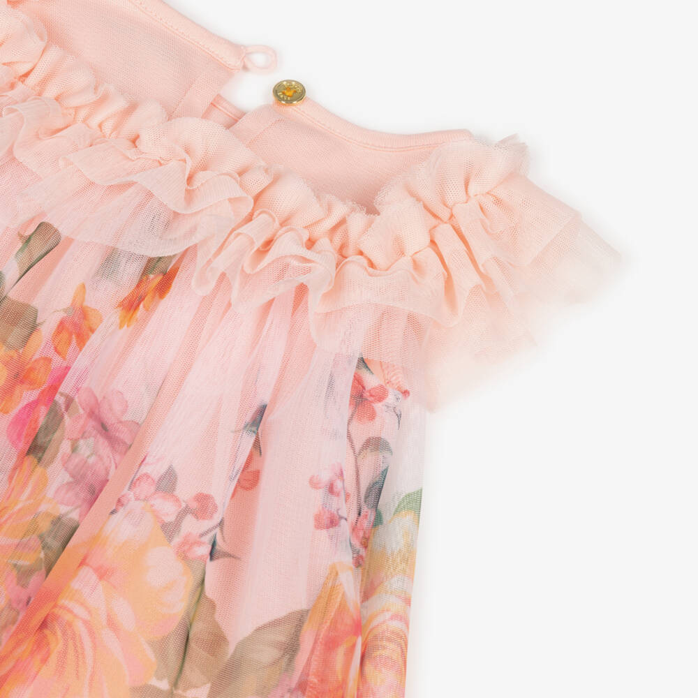 Angel's Face-Baby Girls Peach Pink Floral Print Tulle Dress | Childrensalon