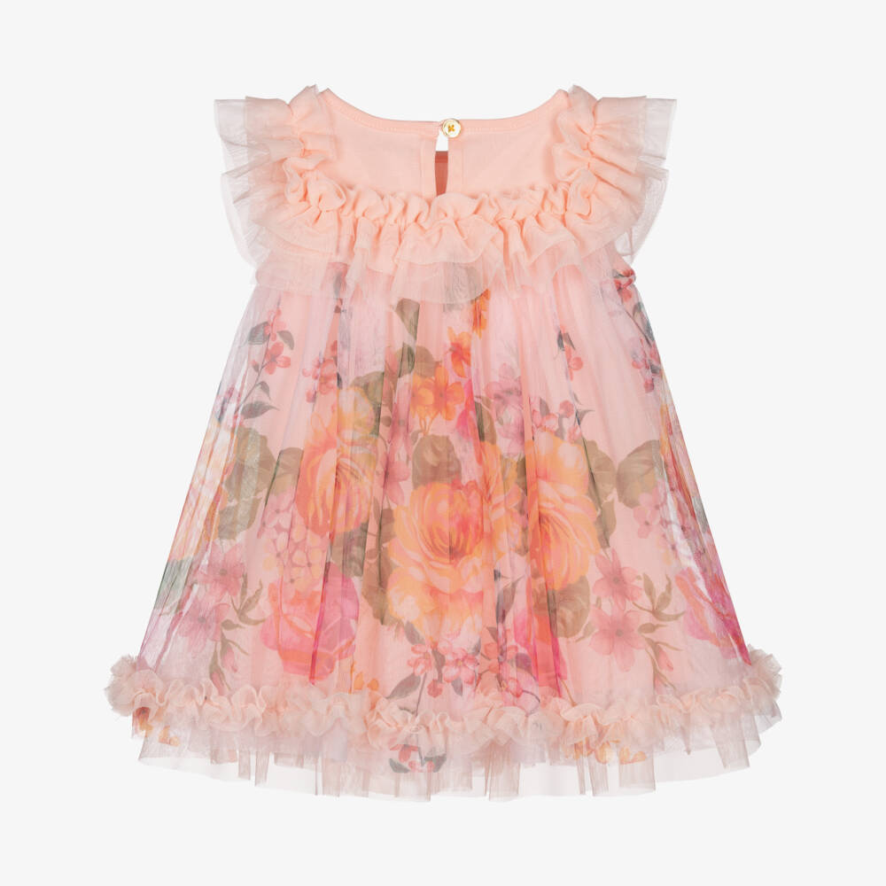 Angel's Face-Baby Girls Peach Pink Floral Print Tulle Dress | Childrensalon