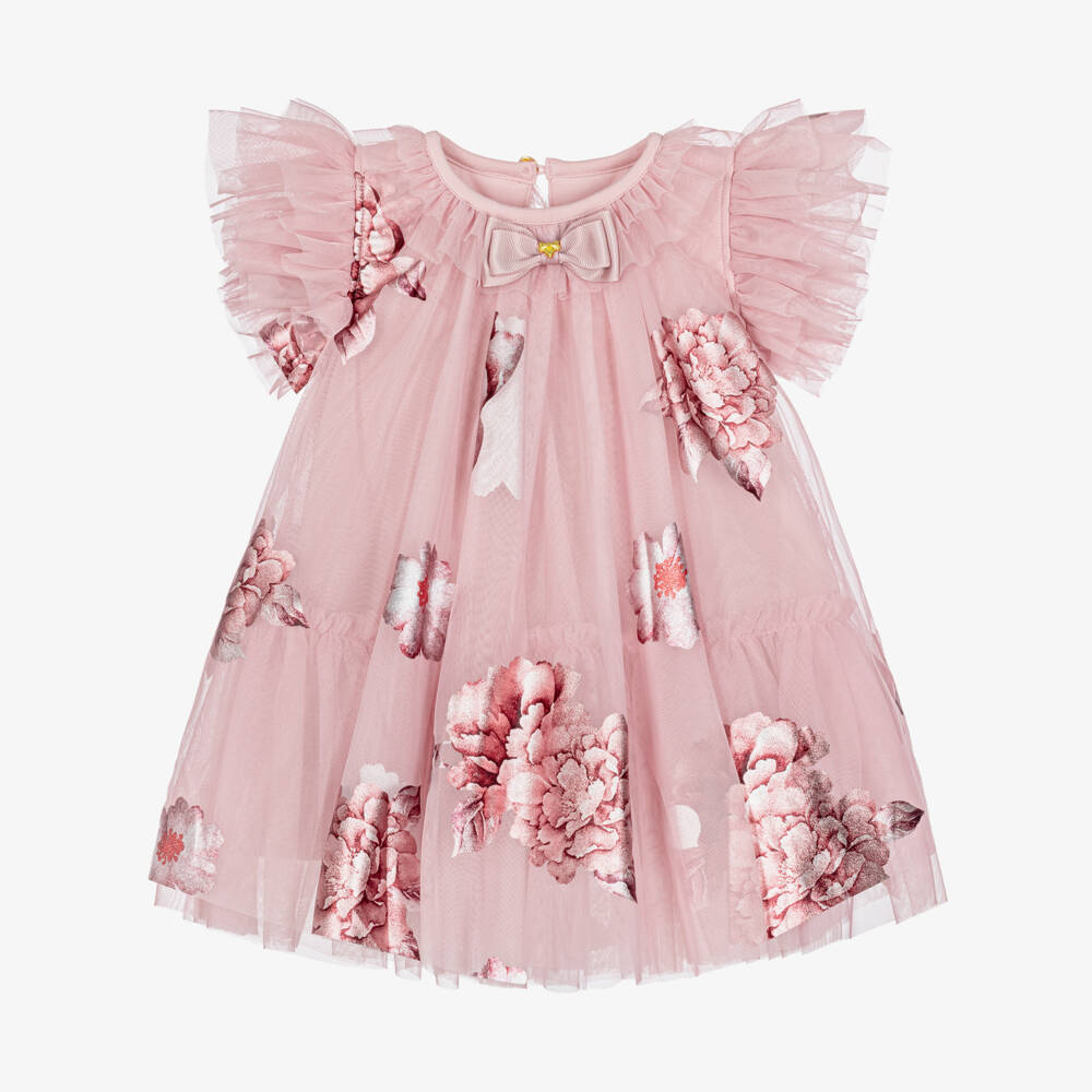 Angel's Face-Baby Girls Pink Dottie Tulle Dress with Flower Prints | Childrensalon