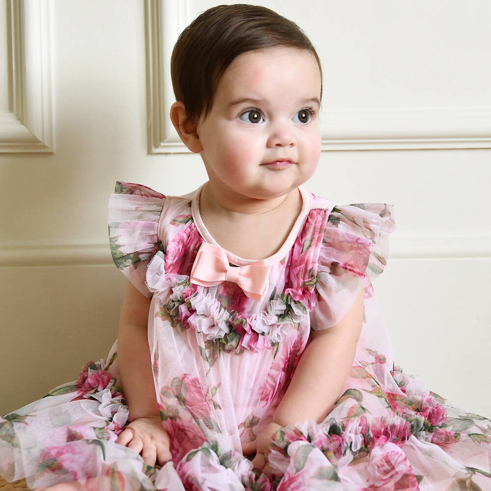 Angel's Face-فستان تول مزين بورود لون زهري وأخضر للبنات الرضع | Childrensalon