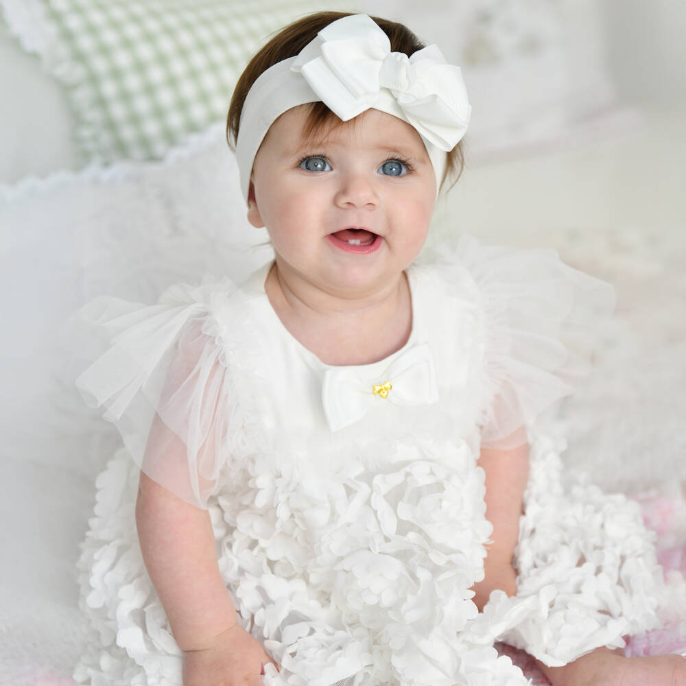 Angel's Face-Baby Girls White Jersey, Tulle & Satin Rose Dress with Logo Bow | Childrensalon