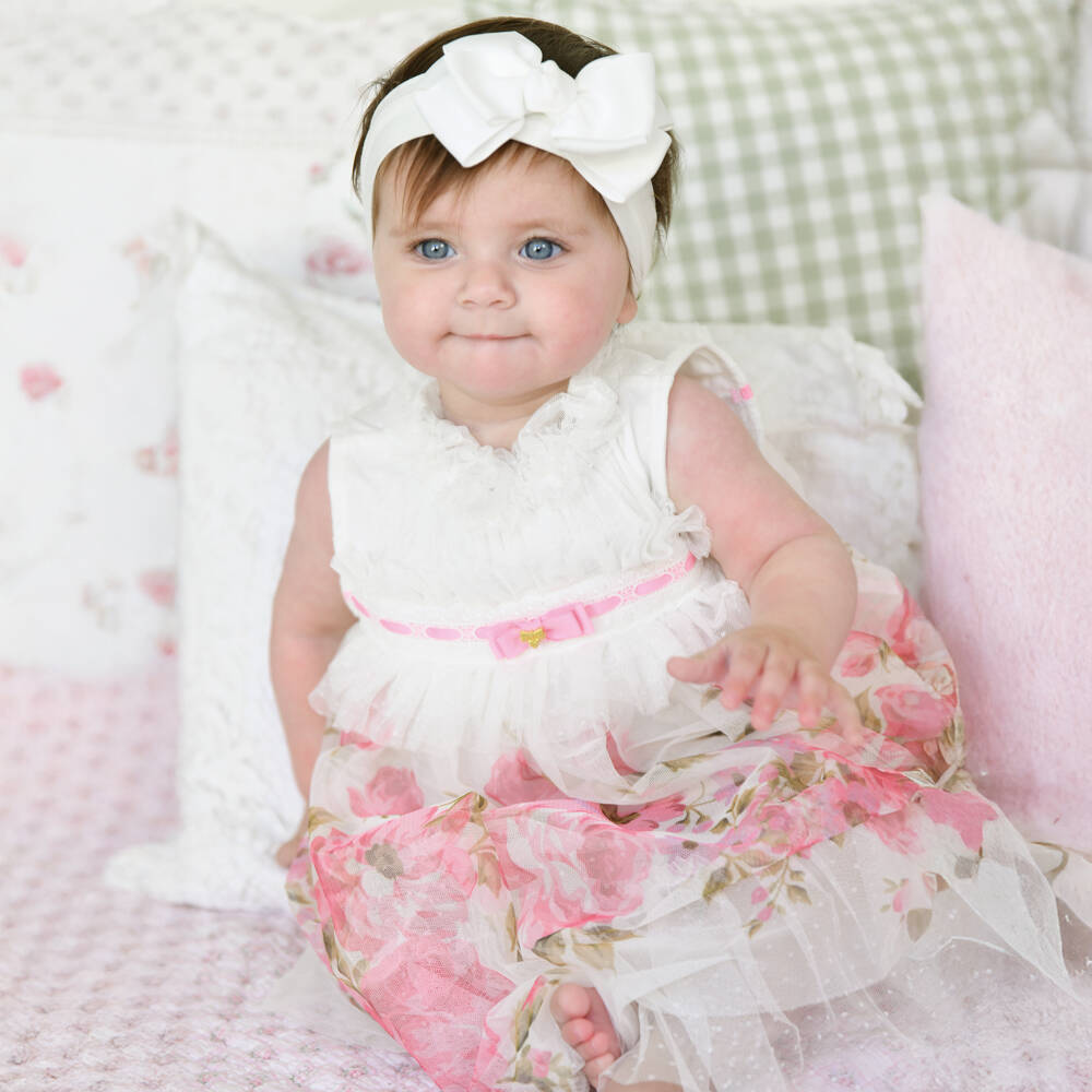 Angel's Face-Baby Girls White & Pink Floral Tulle Dress with Lace Trim | Childrensalon